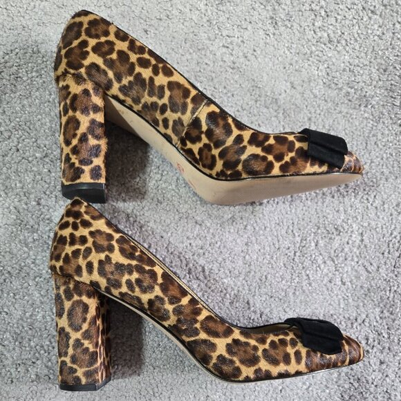 Ann Taylor Leopard Print Calf Hair Leather Round Toe Chunky Heel Pumps Bow - Picture 7 of 10